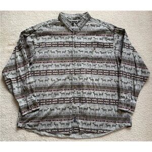 Vtg Woolrich Deer Elk Print Button Down Shirt Mens 2XL Gray Aztec Novelty Cabin